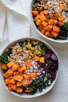 two bowls filled with different types of vegetables and rice on top of a white table