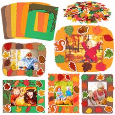 a collage of photos with fall leaves and pumpkins on them, including an orange frame