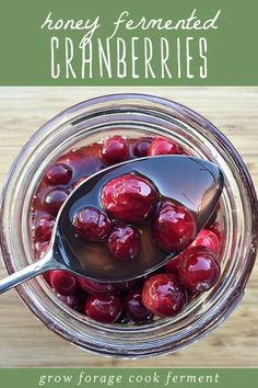 a spoon full of cranberry sauce on top of a wooden table with text overlay