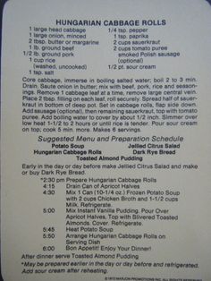 the instructions for hungarian cabbage rolls are shown in black and white text on a blue background