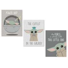 three star wars wall hangings with baby yoda and the force is in the galaxy