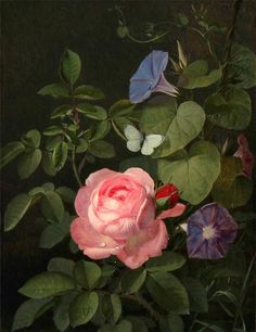 a painting of pink roses and purple pansies