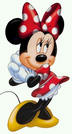 a cartoon mickey mouse with red and white polka dots on it's head, leaning over a yellow object