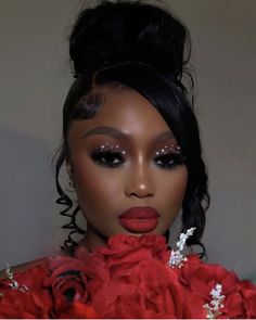 Makeup For A Black Tie Event, Black Makeup Black Women, Black And Red Makeup Looks Black Women, Red Make Up Looks On Black Women, Sultry Makeup For Black Women, Red Lip Smokey Eye Makeup Look, Silver And Red Makeup, Red Lip Makeup Look Black Women Make Up, Dark Skin Beauty Makeup