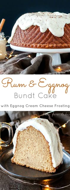 bundt cake with eggnog cream cheese frosting on top