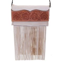 Clutch stadium purse in egg shell leather with tooled daisy overlay on flap in natural leather. Accented with white saddle... White Fringe Rectangular Shoulder Bag, White Rectangular Fringe Shoulder Bag, White Rectangular Shoulder Bag With Fringe, Boho Cowgirl Style, Double J, Diy Clutch, Boho Cowgirl, Ranch Wear, Western Accessories