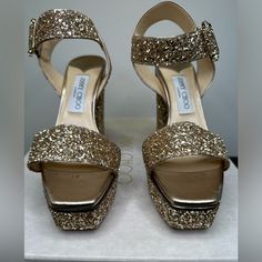 Jimmy Choo Maie Gold Glitter Platform Heels Size 38 Comes W/Box. These Shoes Are Everything! Looks Cute With Anything Really Adds A Pop Of Sparkle To Any Outfit! Glitter Platform Heels, Jimmy Choo Gold, Jimmy Choo Shoes, Platform Heels, Gold Glitter, Jimmy Choo, Shoes Women Heels, Shoes Heels, Sparkle