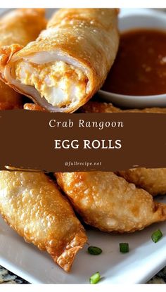 crab rangon egg rolls on a plate with dipping sauce