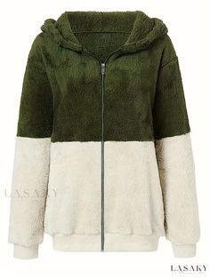 Lasaky - Stylish Color Block Hooded Teddy Coat with Zipper Closure, Long Sleeves for Warmth in Fall & Winter - Womens Fashion Outerwear Green Hooded Jacket With Zipper Closure, Green Long Sleeve Hooded Jacket With Zipper, Fashion Outerwear, Teddy Coat, Color Block, Knit Fabric, Collar Styles, Fall Winter, Long Sleeves