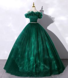 Green tulle long ball gown dress formal dress · Little Cute · Online Store Powered by Storenvy Prom Dress Green, Tulle Neckline, Sweet 16 Dress, Off Shoulder Evening Dress, Green Evening Dress, Green Tulle, Tulle Sleeves, 16 Dress, Long Prom Gowns