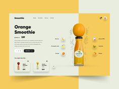 an orange smoothie is displayed on the side of a website page with other items surrounding it