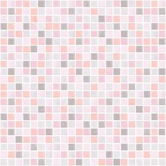 a white and pink tiled wall with small squares on the bottom, in different colors