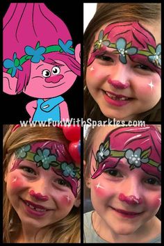 Poppy Face Paint, Trolls Face Paint, Fairy Face Paint Easy For Kids, Trolls Painting, Rainbow Princess Face Paint, Flower Fairy Face Paint, Face Paint Ideas, Poppy Trolls, Festival Face Paint