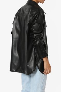 Layer up in the coated finish faux leather shirt. This outer layer can be worn open or buttoned up for extra warmth. Reaching mid-thigh and with long sleeves, you'll be effortlessly stylish every time. Wear with a crop top and denim pants, or leather bottom.Casually-cool vibe of a shirt jacket designed with an easy-to-layer snap buttoned frontPoint collar, Flap chest pockets, Curved hemLong sleeves with button cuffs, Oversized fitFits true to US size, S=Size(4-6), M=Size(8-10), L=Size(12-14), XL Sleek Fall Outerwear With Pockets, Trendy Single Breasted Shacket For Work, Chic Long-sleeved Shacket With Flap Pockets, Trendy Single-breasted Shacket For Work, Chic Shacket For Workwear, Oversized Shacket With Button Closure For Day Out, Chic Long Sleeve Shacket With Flap Pockets, Trendy Workwear Shacket With Flap Pockets, Trendy Single Breasted Lapel Collar Shacket