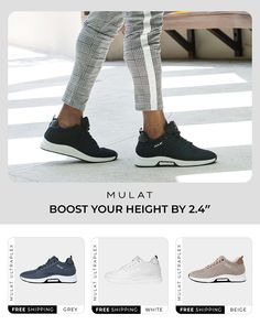 Mulat Ultraplex sneakers – equipped with 2.4” inches (6cm) of game-changing height boost. ✅ Taller ✅ More confident ✅ More attractive 100% hidden design so nobody would ever know. Girls wear high heels, so why wouldn’t you wear Mulat shoes? Sporty Height-increasing Sneakers With Round Toe, Sporty Height Increasing Round Toe Sneakers, Sporty High-top Height-increasing Sneakers, Sporty Height Increasing High-top Sneakers, Casual Height Increasing Low-top Sneakers, Nardo Grey, Outer Design, Boost Shoes, Outfit Look