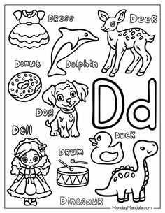 the letter d is for dog coloring page with animals and other things to color in