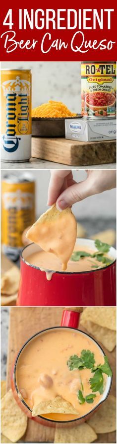 four images showing how to make beer cheese quesadilla dips in the slow cooker