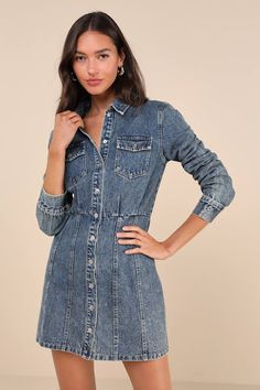 Trendy Approach Medium Wash Button-Front Long Sleeve Denim Dress Denim Dress With Boots Country Outfits, Dress With Boots Country, Denim Dress With Boots, Midwest Style, Long Sleeve Denim Dress, Boots Country, Dress With Jean Jacket, Lulu Fashion, A Line Mini Skirt