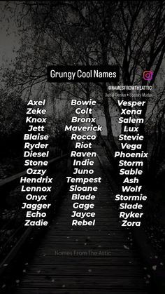 the words grungy cool names are written on a black and white background with trees