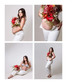 four photos of a pregnant woman with flowers in her belly, holding a bouquet and posing for the camera