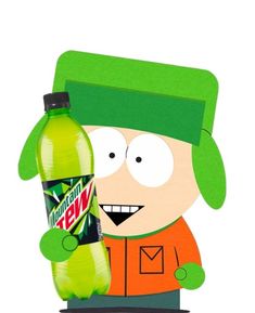 an image of a cartoon character holding a bottle of mountain dew in front of him