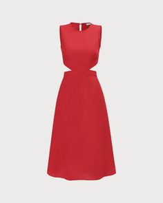 The Red Round Neck Cut-Out Midi Dress & Reviews - Red - Dresses | RIHOAS A-line Cutout Midi Dress For Party, Red Cutout Evening Dress, Red Cutout Spring Dress, Spring Red Cutout Dress, Red Midi Dress, Red Dress, Cut Out, Round Neck, Midi Dress