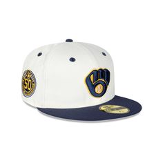 The Milwaukee Brewers Mascot Pin 59FIFTY Fitted Cap features an embroidered Brewers logo at the front panels with a matching MLB Batterman logo at the rear. Additional details include a team mascot pin at the left-wear side, a 50th Anniversary patch at the right-wear side, and a gray undervisor. Team-colored Fitted Hat With Team Logo For Fans, Team-colored Fitted Hat With Team Logo, Snapback Fitted Hat With Team Logo, Fitted Snapback Hat With Logo Patch For Fans, Flat Bill Fitted Hat With Logo Patch For Fans, Collegiate Fitted Hat With Logo For Baseball Season, Baseball Season Fan Gear Cap With Logo Patch, Baseball Season Fan Merchandise Cap With Logo Patch, Baseball Season Cap With Logo Patch For Fans