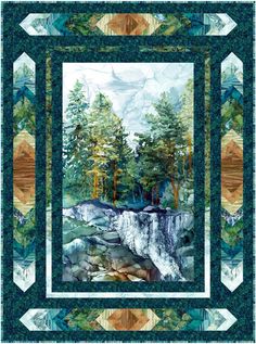 a quilt with a waterfall and trees in the background