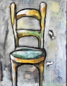 a painting of a yellow chair with green seat