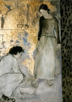 two people standing next to each other in front of a painting