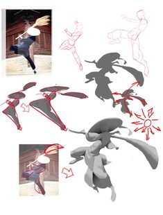 the various poses and shapes of an anime character are shown in three different ways, including shadows