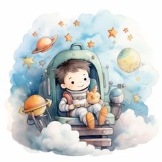 a little boy sitting on top of a chair in the sky with planets around him