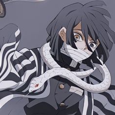 an anime character is holding a snake in his right hand and wearing a striped scarf around his neck