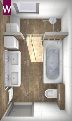 a bathroom with a bathtub, sink and toilet in the center is shown from above