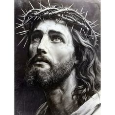 a black and white drawing of jesus wearing a crown of thorns on his head