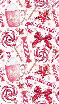 pink and red candy canes, stars, and mugs on a polka dot background