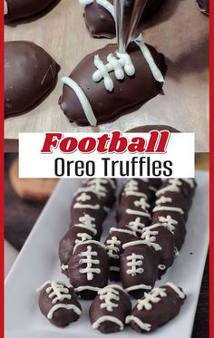 chocolate football oreo truffles on a white plate with the title above it