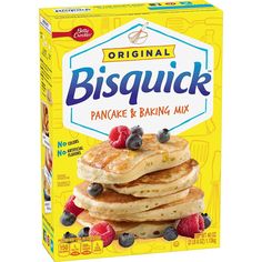 a box of bisquick pancakes with blueberries and raspberries