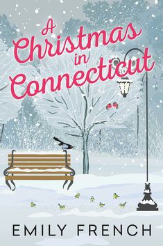 a christmas in connection book cover with a park bench and street lamp on the snow covered ground