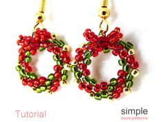 a pair of red and green beaded earrings