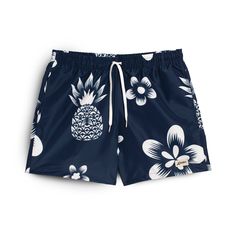 Front view of navy blue swim trunks with large coastal flower and pineapple pattern in white Red Swim Trunks, Black Swim Trunks, Black Siren, Tiki Bars, Red Beanie, Gift Shops, Hula Girl, Men's Swimwear, Modern Beach