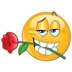 a yellow smiley face holding a red rose in it's mouth with one eye open