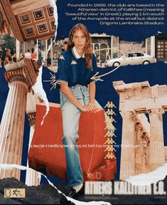 a woman standing on top of a red suitcase in front of a collage of buildings