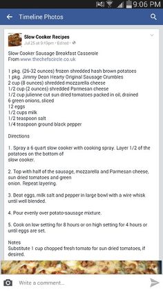 a facebook post showing the recipe for slow cooker casserole, which is being displayed