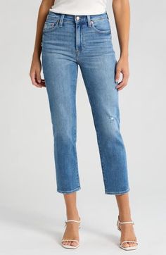 Made to go with endless casual outfits, these super-stretchy, slim-cut jeans are faded at the thighs and distressed around the edges for a lived-in look. 26" inseam; 14" leg opening; 11 front rise; 15" back rise (size 29) 95% cotton, 4% elasterell-p, 1% spandex Machine wash, tumble dry Imported Distressed Mid-rise Cropped Jeans For Everyday, Everyday Ripped Mid-rise Cropped Jeans, Ripped Mid-rise Cropped Jeans For Everyday Wear, Mid-rise Ripped Cropped Jeans For Everyday, Ripped Mid-rise Cropped Jeans, Mid-rise Ripped Cropped Jeans, Distressed Stretch Straight Leg Cropped Jeans, Stretch Distressed Straight Leg Jeans, Stretch Straight Leg Distressed Cropped Jeans