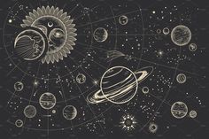 the solar system with planets and sun in space, hand drawn illustration on blackboard