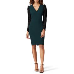 Emerald green crepe with black lace (98% Polyester, 2% Spandex). Sheath. Long sleeves. V-neckline. Hidden back zipper with hook-and-eye closure. Partially lined. 40" from shoulder to hemline. Imported. Green Stretch Sheath Midi Dress, Green Lined Sheath Dress, Green Lace Sheath Dress, Luxury Lace Trim Sheath Dress, Black Lace Trim Sheath Dress, Long Sleeve Sheath Dress, Lace Long Sleeve, Romantic Lace, Badgley Mischka