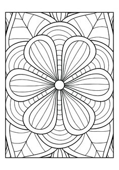 a coloring page with an abstract flower in the center and leaves at the bottom, black and white