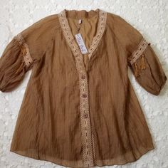 New Pretty Angel Flowy Button Up Blouse A Line Swing Fit, Puff 3/4 Sleeve, Tassel Lace Detail, Sheer Brown Crinkle Fabric Xl Women Nwt No Flaws Chest 40/ Length 32" Relaxed Fit / Could Be Worn As Jacket / Shacket Hippie, Boho, Steampunk, Art To Wear, Lagenlook, Romantic, Neutral, Earth Tone, Cos Play, Renaissance, Light Weight, Travel, Vacation, Tunic, Shirt, Top Cheap Brown Cotton Blouse, Brown Tunic Blouse For Spring, Spring Brown Blouse With Buttons, Brown Buttoned Blouse For Spring, Brown Button Blouse For Spring, Bohemian Tunic Top With Buttons, Bohemian Brown Tops With Buttons, Beige Bohemian Tops With Buttons, Beige Bohemian Top With Buttons