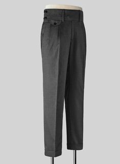 Fast-track your way to tailored elegance by wearing our Napolean Mid Charcoal Double Gurkha Wool Trousers in charcoal.   Look Includes  Napolean Mid Charcoal Wool Fabric  Cross Pocket  Two Pleated Front  Double Button Fastening Wide Waistband  Diamond Pocket On Right  1.5inch Trouser Cuffs  Two Welted Back Pockets on Trousers   You can change the look during customization if required.  Lining: Viscose, Dry Clean, Pants can be lightly washed. Elegant Gray Pants With Pressed Crease, Elegant Gray Bottoms With Pressed Crease, Classic Gray Formal Bottoms, Elegant Gray Full Length Dress Pants, Elegant Full-length Gray Dress Pants, Classic Gray Semi-formal Pants, Classic Formal Gray Dress Pants, Gray Straight Dress Pants For Formal Occasions, Formal Gray Full-length Pants